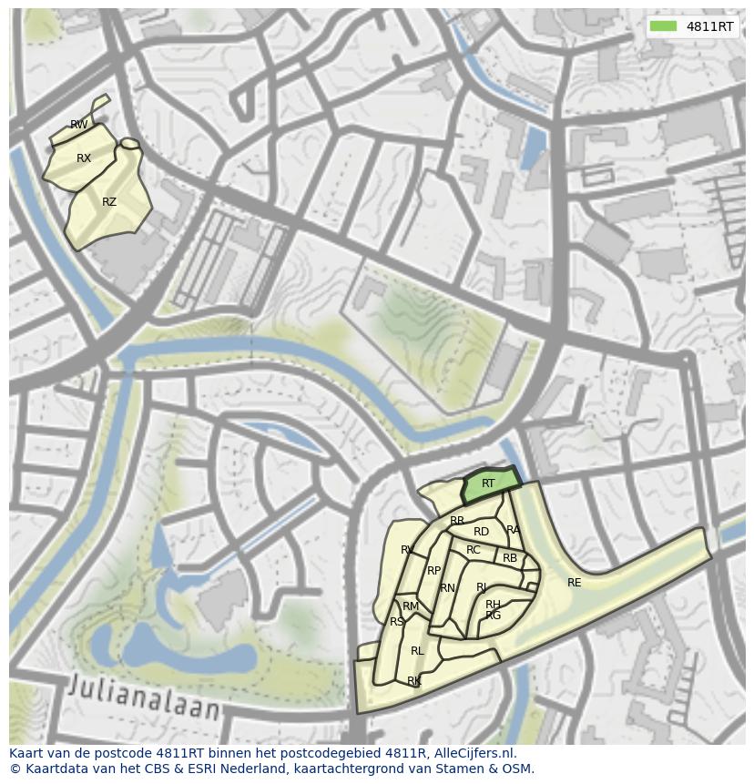 Afbeelding van het postcodegebied 4811 RT op de kaart.