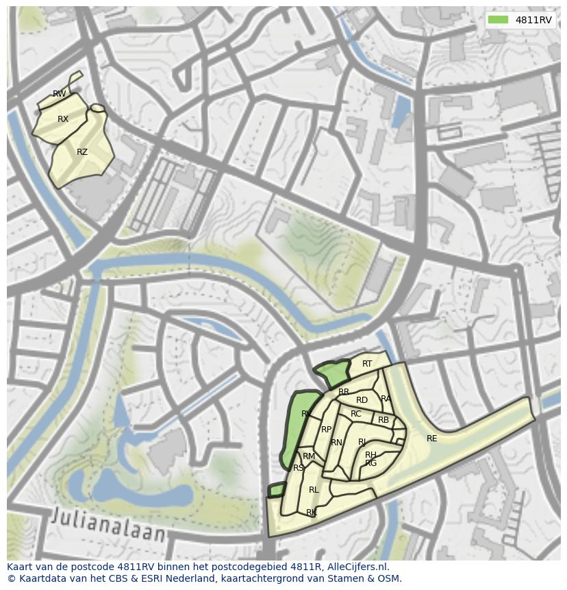 Afbeelding van het postcodegebied 4811 RV op de kaart.
