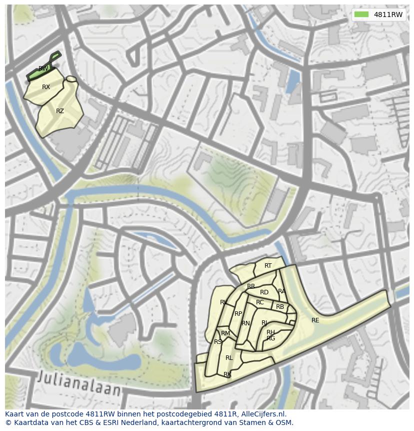 Afbeelding van het postcodegebied 4811 RW op de kaart.