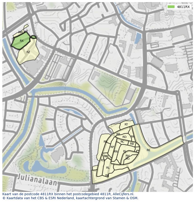 Afbeelding van het postcodegebied 4811 RX op de kaart.