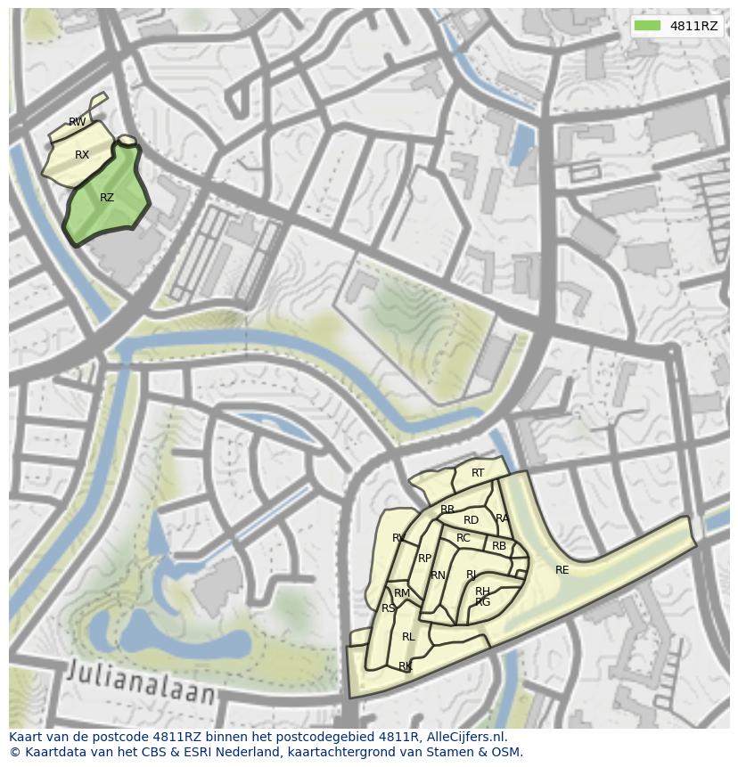 Afbeelding van het postcodegebied 4811 RZ op de kaart.