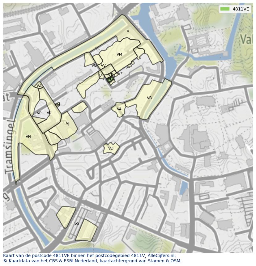 Afbeelding van het postcodegebied 4811 VE op de kaart.