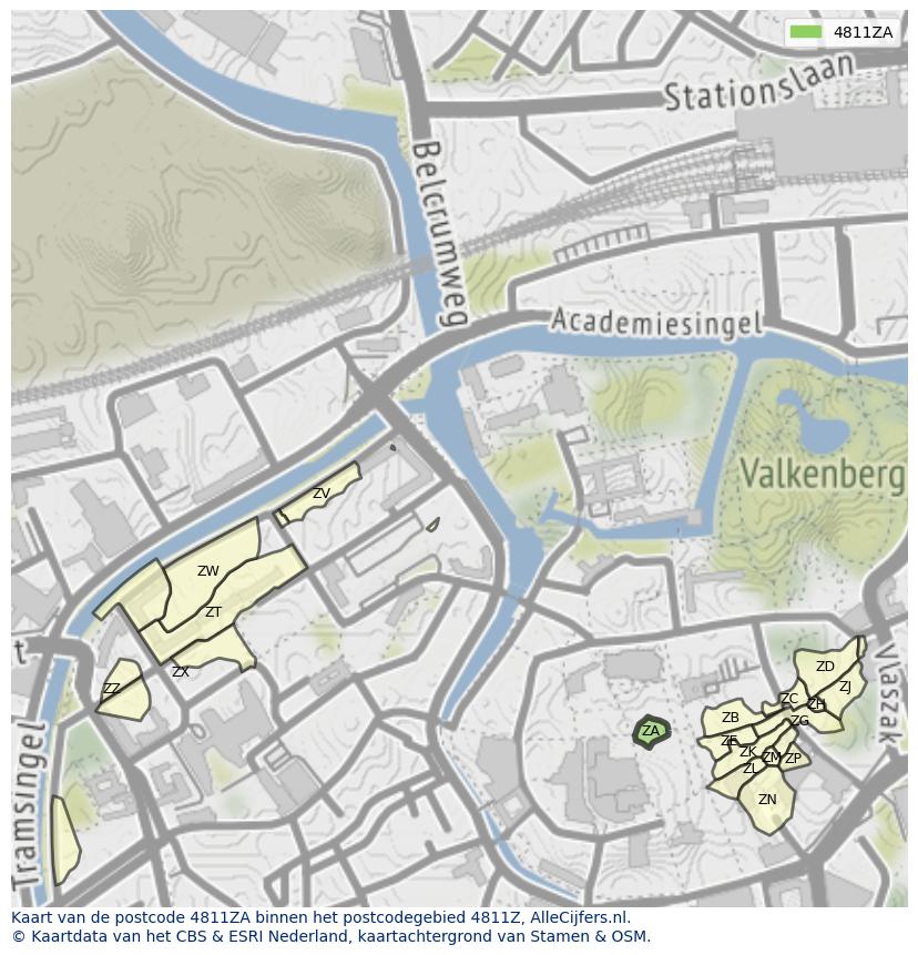 Afbeelding van het postcodegebied 4811 ZA op de kaart.
