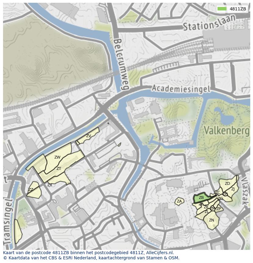 Afbeelding van het postcodegebied 4811 ZB op de kaart.