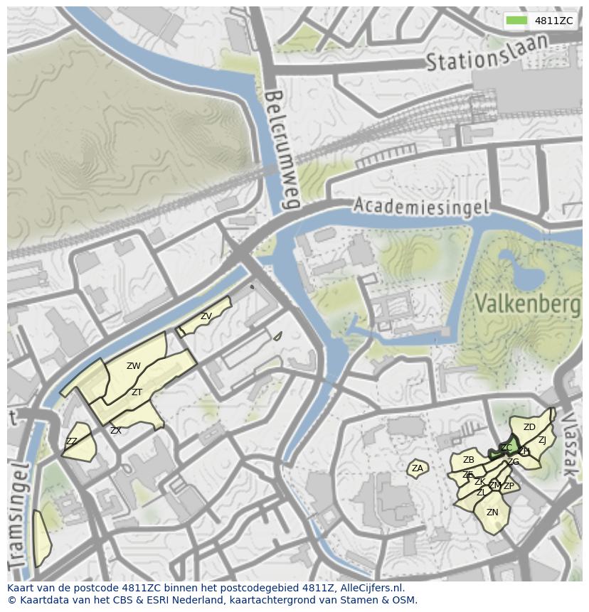 Afbeelding van het postcodegebied 4811 ZC op de kaart.