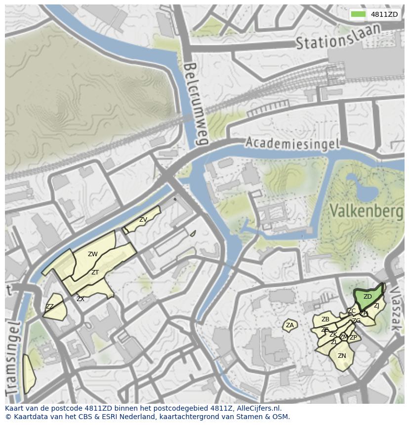 Afbeelding van het postcodegebied 4811 ZD op de kaart.