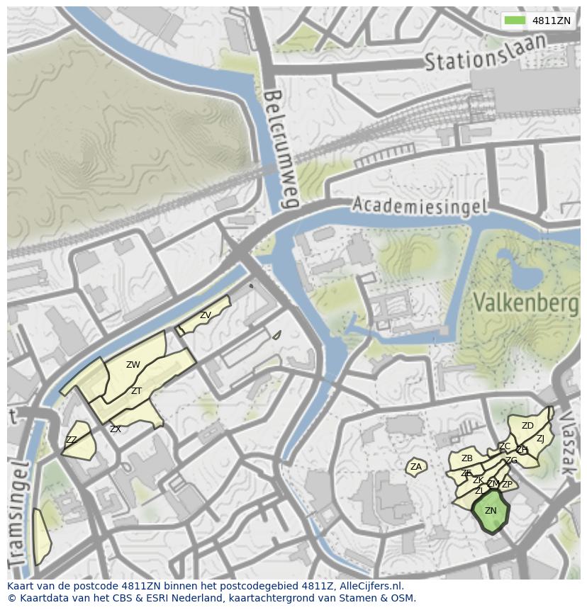 Afbeelding van het postcodegebied 4811 ZN op de kaart.
