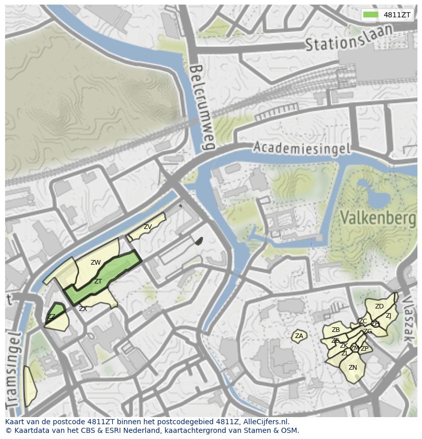 Afbeelding van het postcodegebied 4811 ZT op de kaart.
