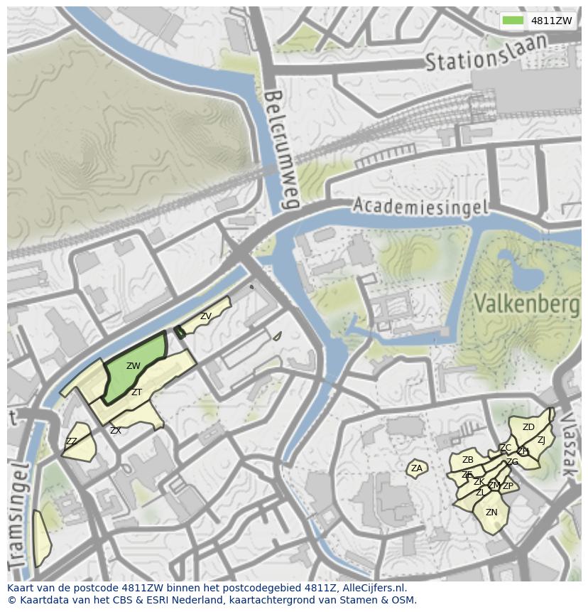 Afbeelding van het postcodegebied 4811 ZW op de kaart.