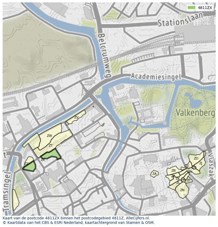 Afbeelding van het postcodegebied 4811 ZX op de kaart.