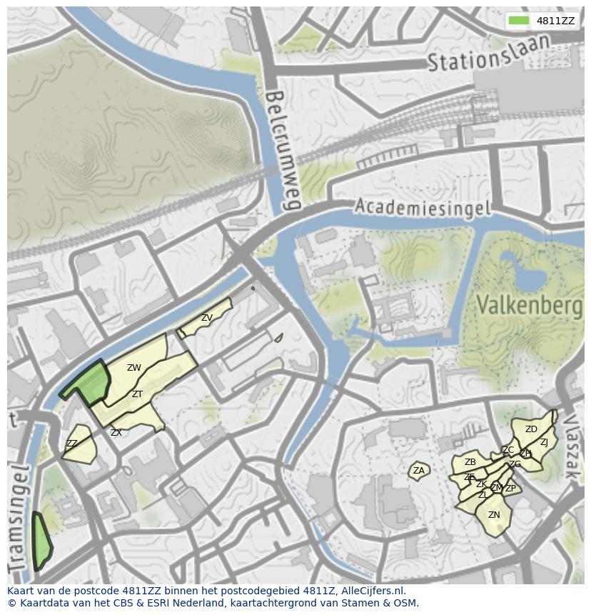 Afbeelding van het postcodegebied 4811 ZZ op de kaart.