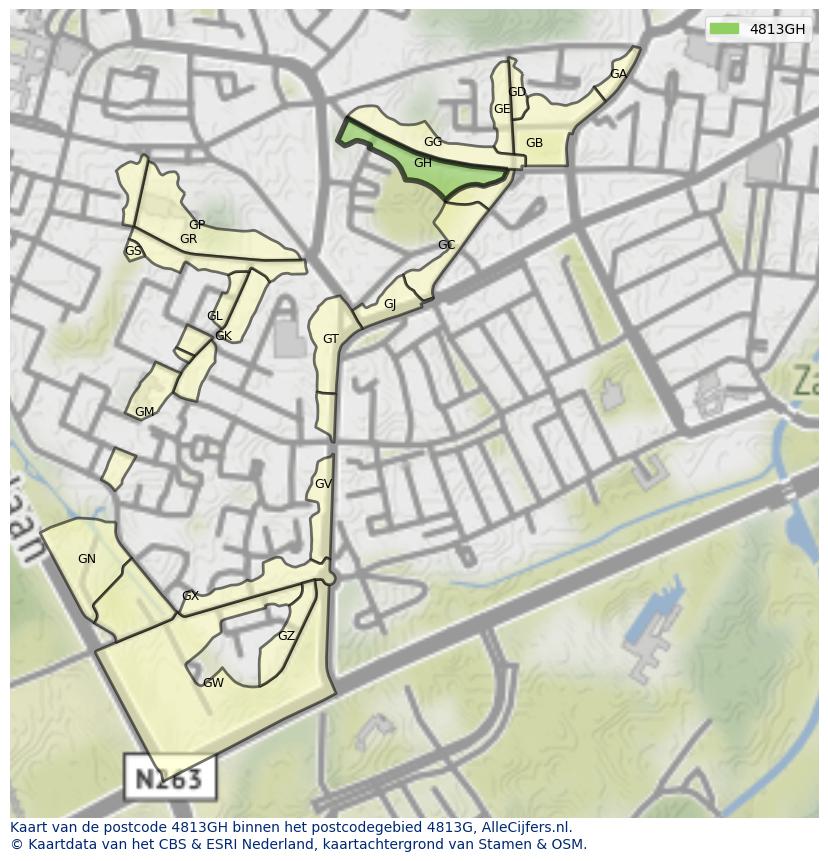 Afbeelding van het postcodegebied 4813 GH op de kaart.