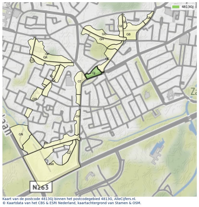 Afbeelding van het postcodegebied 4813 GJ op de kaart.