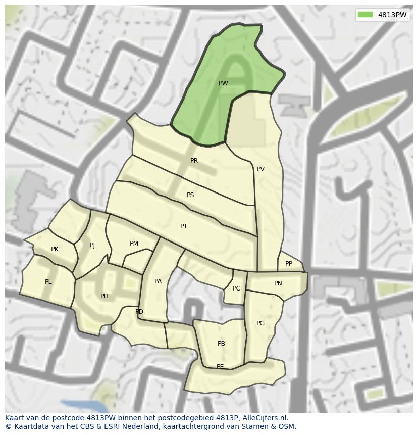 Afbeelding van het postcodegebied 4813 PW op de kaart.