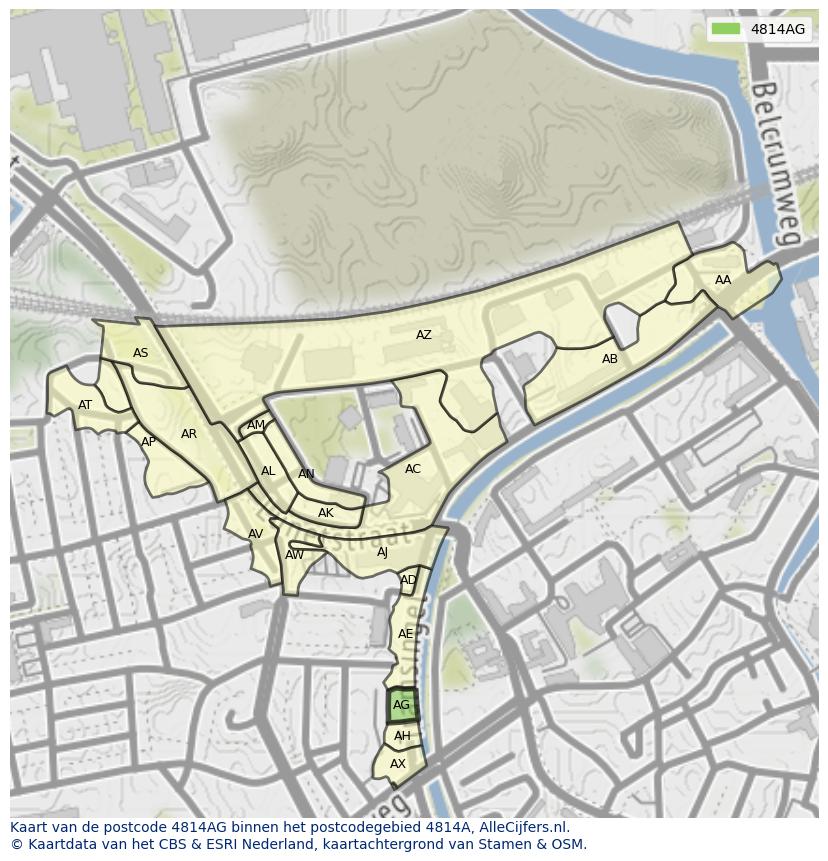 Afbeelding van het postcodegebied 4814 AG op de kaart.