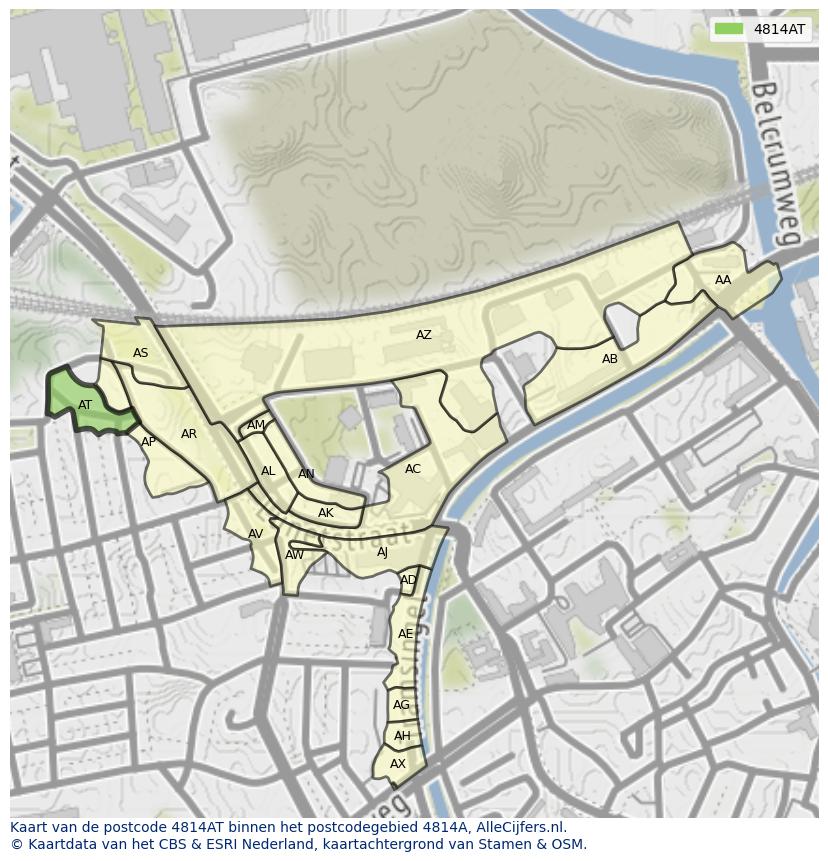 Afbeelding van het postcodegebied 4814 AT op de kaart.