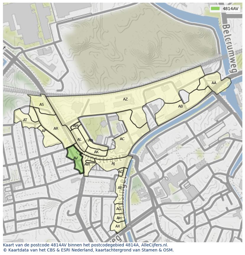 Afbeelding van het postcodegebied 4814 AV op de kaart.