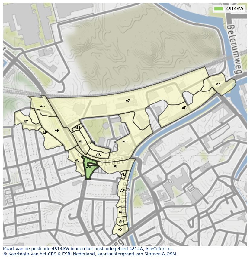 Afbeelding van het postcodegebied 4814 AW op de kaart.