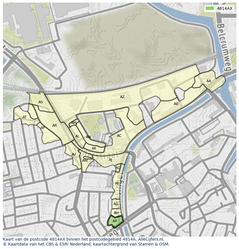 Afbeelding van het postcodegebied 4814 AX op de kaart.