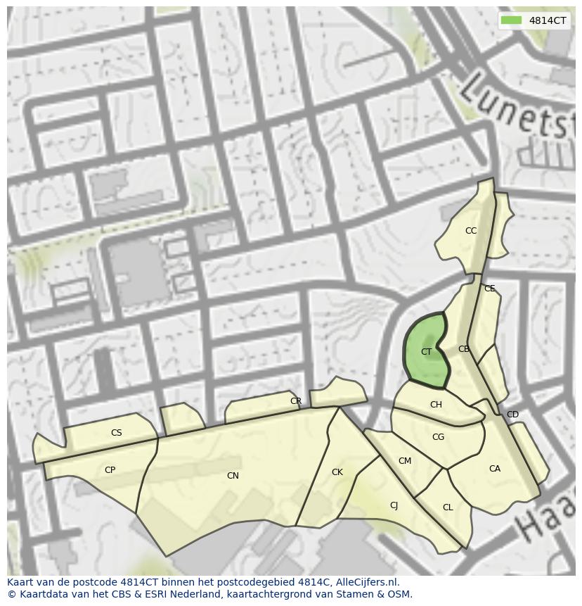 Afbeelding van het postcodegebied 4814 CT op de kaart.
