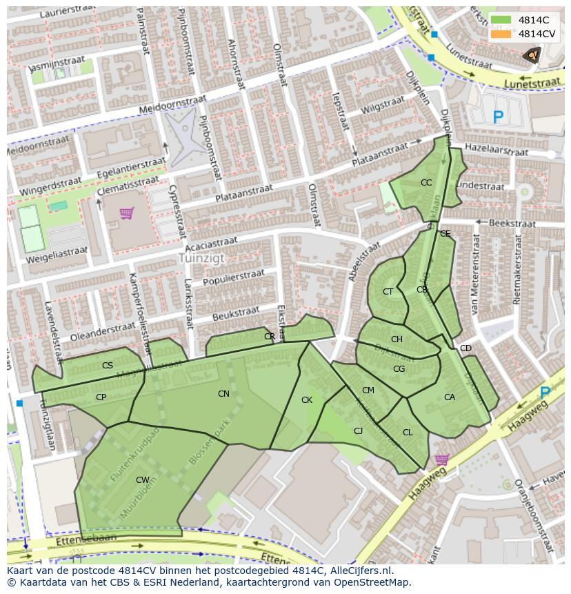Afbeelding van het postcodegebied 4814 CV op de kaart.