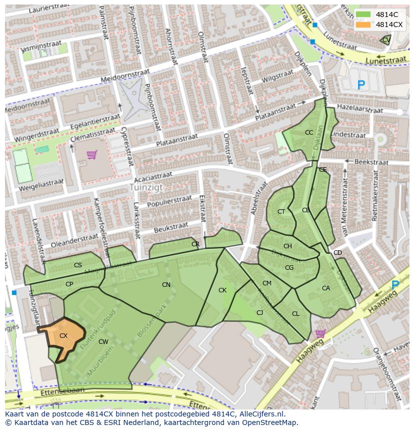 Afbeelding van het postcodegebied 4814 CX op de kaart.