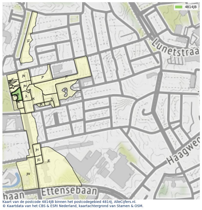 Afbeelding van het postcodegebied 4814 JB op de kaart.