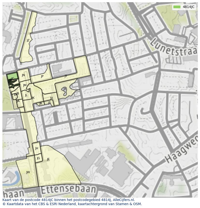 Afbeelding van het postcodegebied 4814 JC op de kaart.