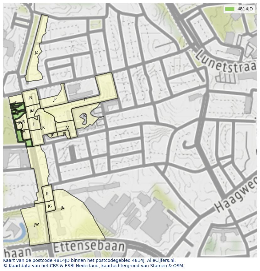 Afbeelding van het postcodegebied 4814 JD op de kaart.
