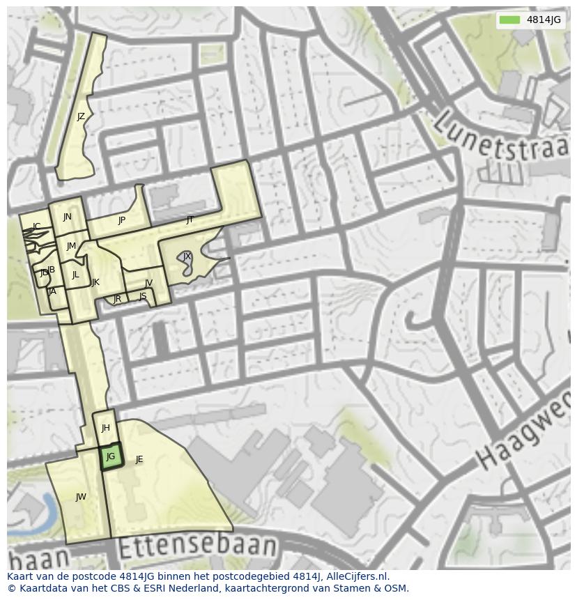 Afbeelding van het postcodegebied 4814 JG op de kaart.