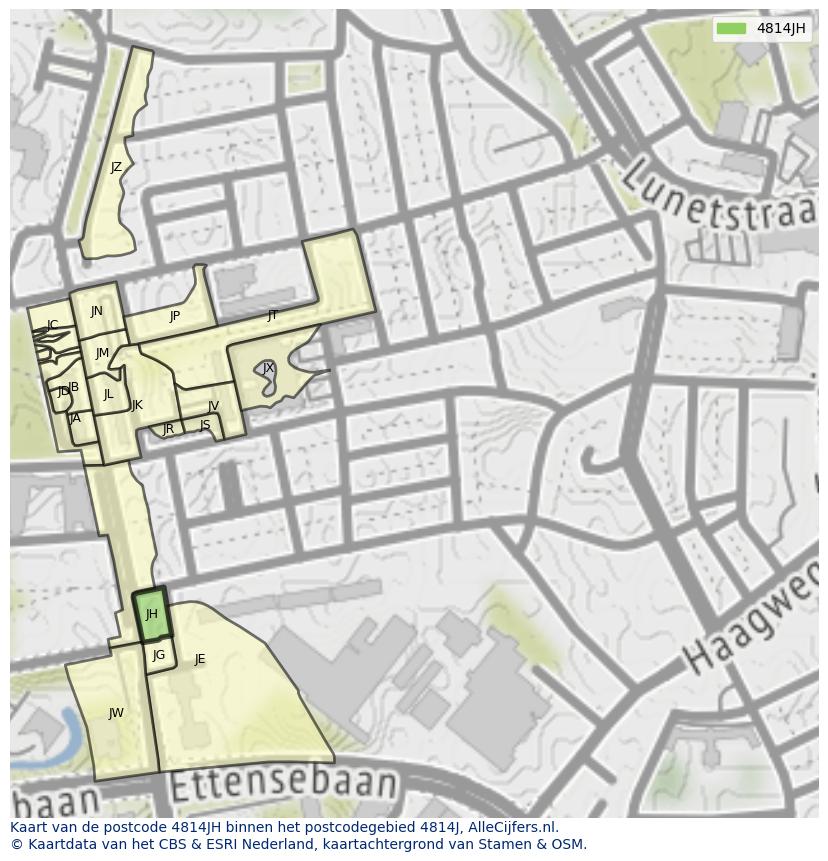 Afbeelding van het postcodegebied 4814 JH op de kaart.