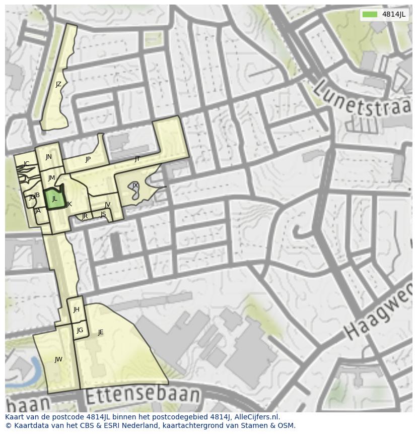 Afbeelding van het postcodegebied 4814 JL op de kaart.