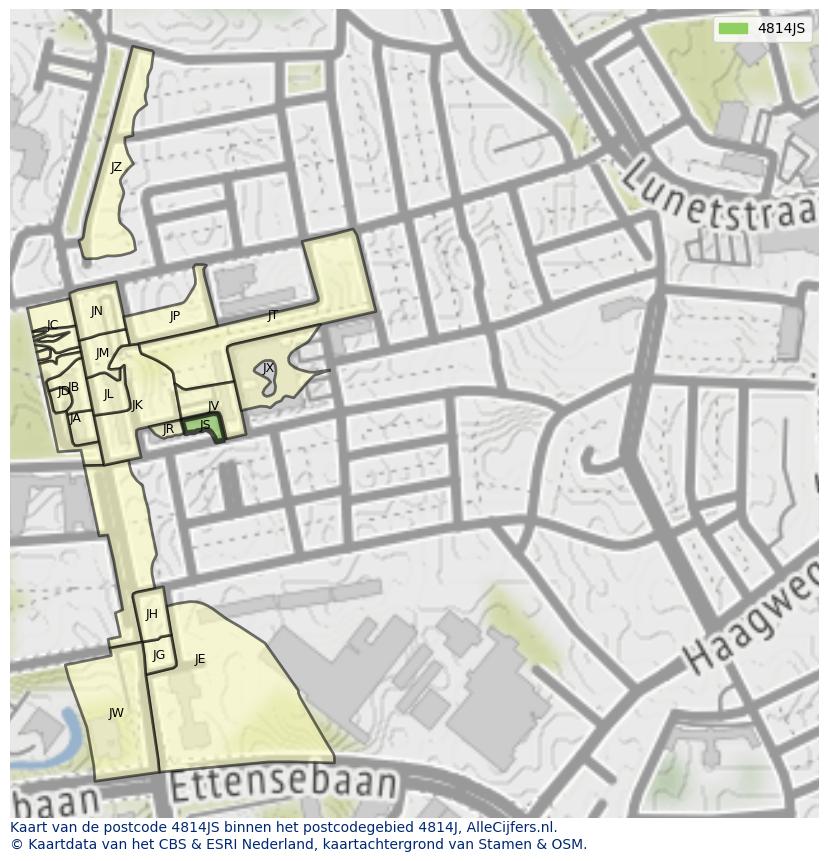 Afbeelding van het postcodegebied 4814 JS op de kaart.