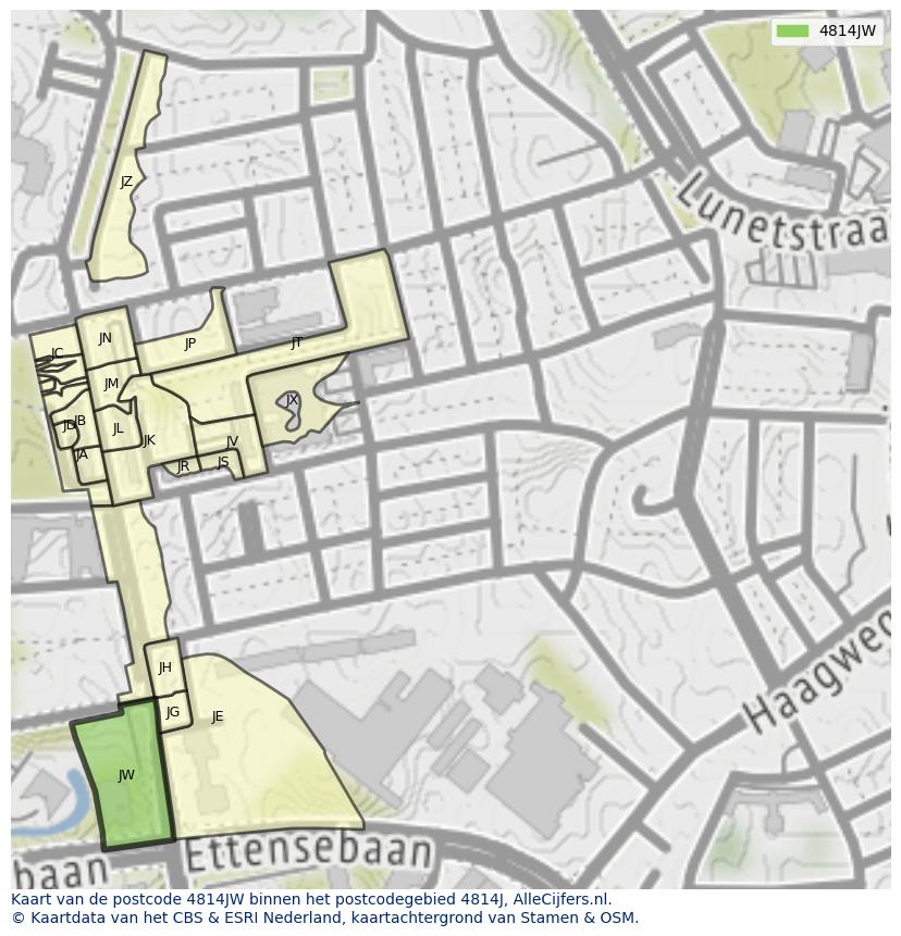 Afbeelding van het postcodegebied 4814 JW op de kaart.