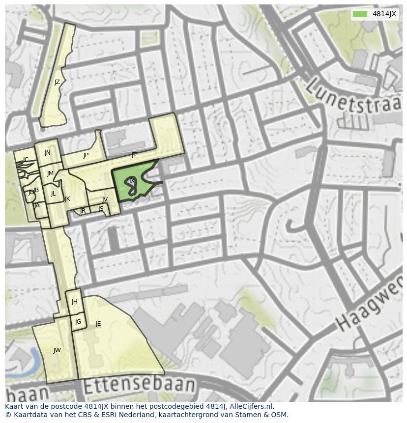 Afbeelding van het postcodegebied 4814 JX op de kaart.