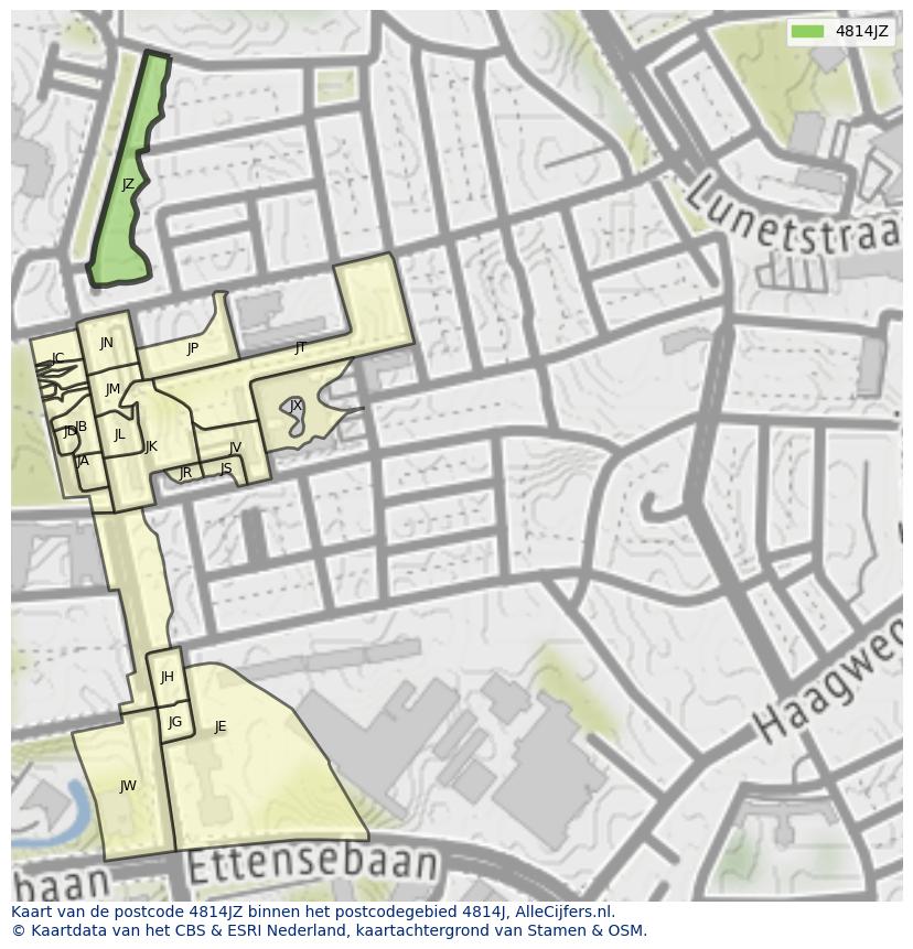Afbeelding van het postcodegebied 4814 JZ op de kaart.