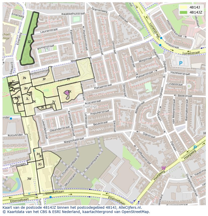 Afbeelding van het postcodegebied 4814 JZ op de kaart.