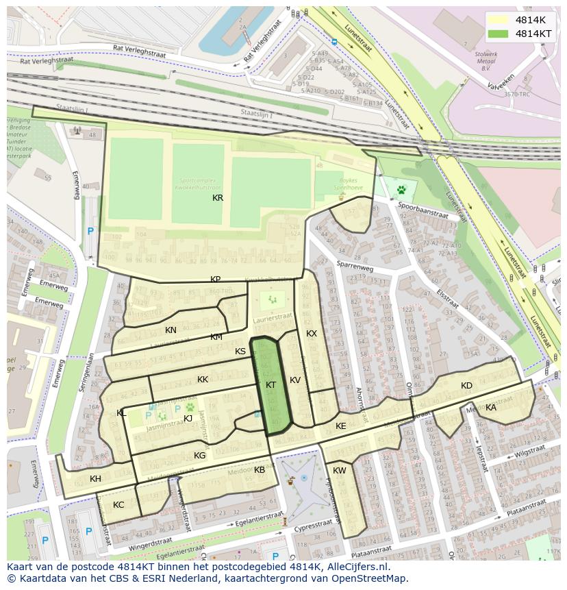 Afbeelding van het postcodegebied 4814 KT op de kaart.