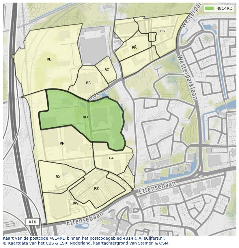Afbeelding van het postcodegebied 4814 RD op de kaart.