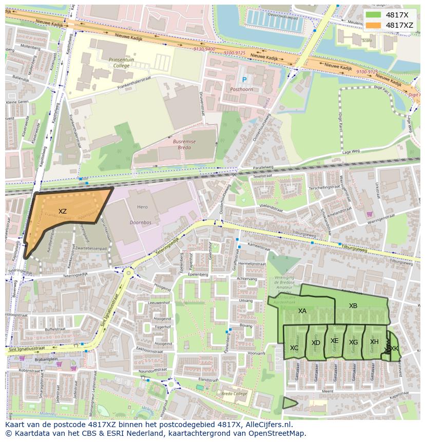 Afbeelding van het postcodegebied 4817 XZ op de kaart.