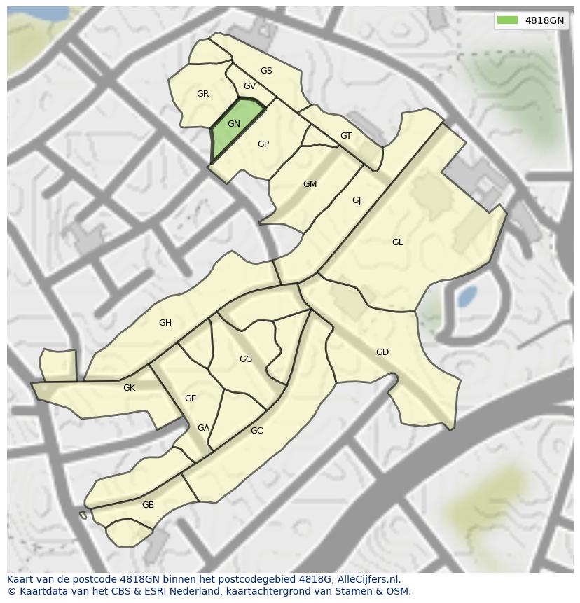 Afbeelding van het postcodegebied 4818 GN op de kaart.