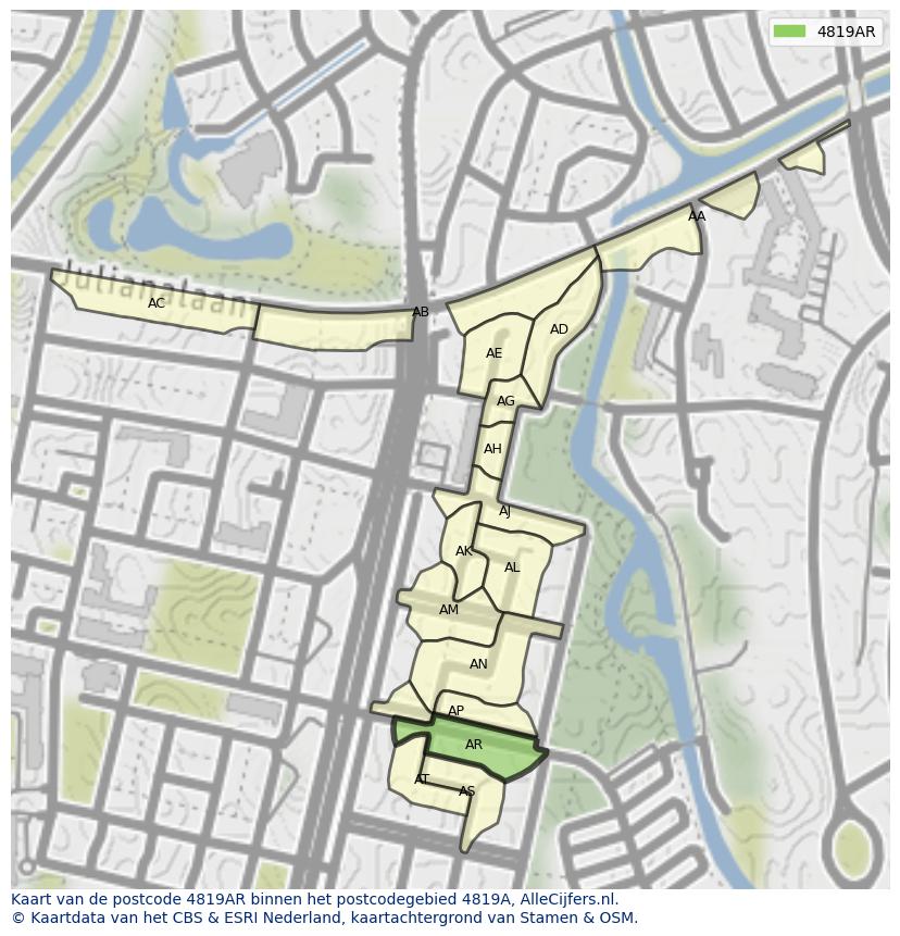 Afbeelding van het postcodegebied 4819 AR op de kaart.
