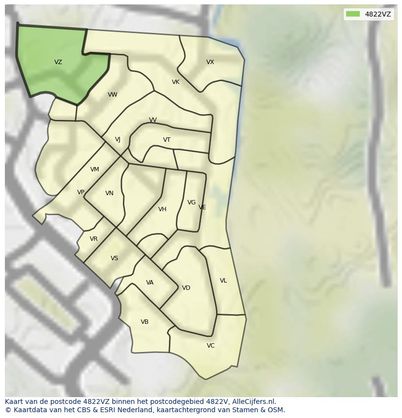 Afbeelding van het postcodegebied 4822 VZ op de kaart.