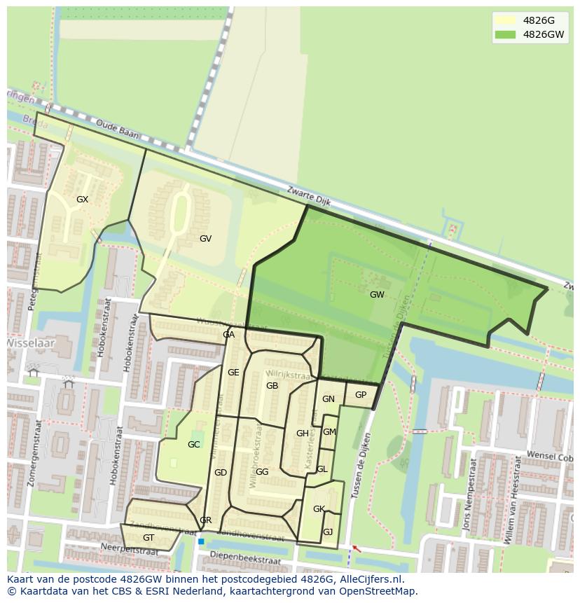 Afbeelding van het postcodegebied 4826 GW op de kaart.