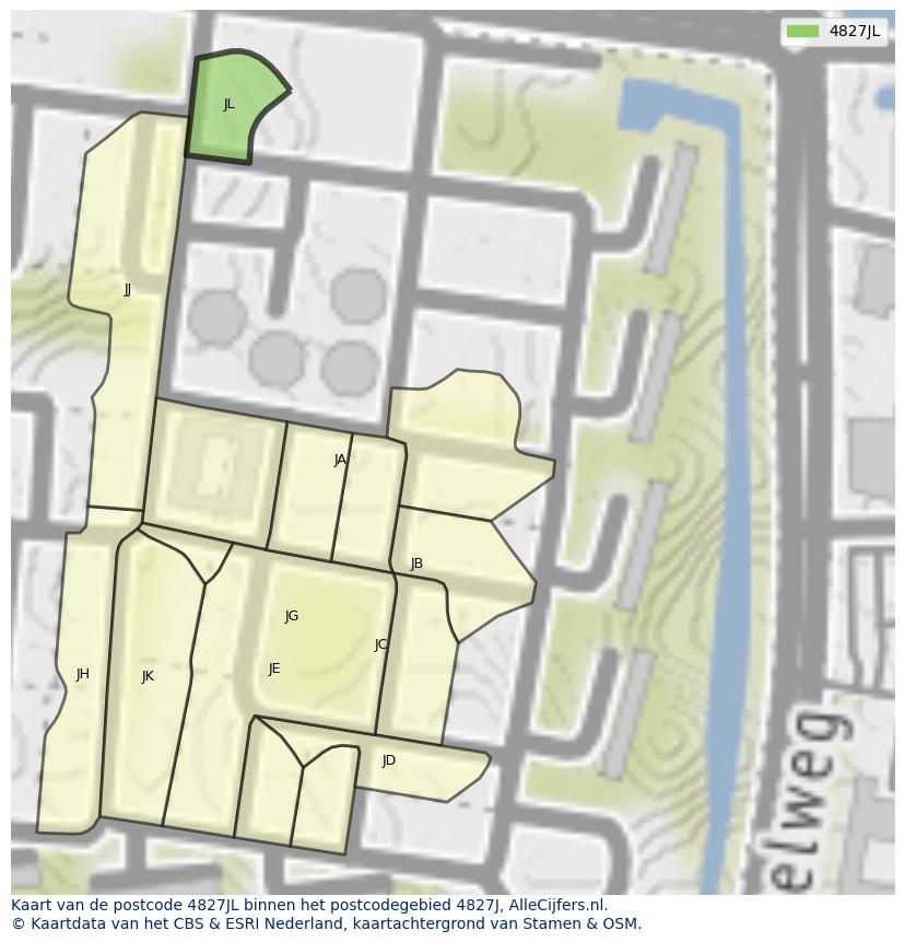 Afbeelding van het postcodegebied 4827 JL op de kaart.
