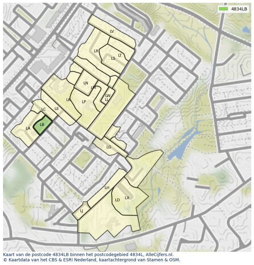 Afbeelding van het postcodegebied 4834 LB op de kaart.
