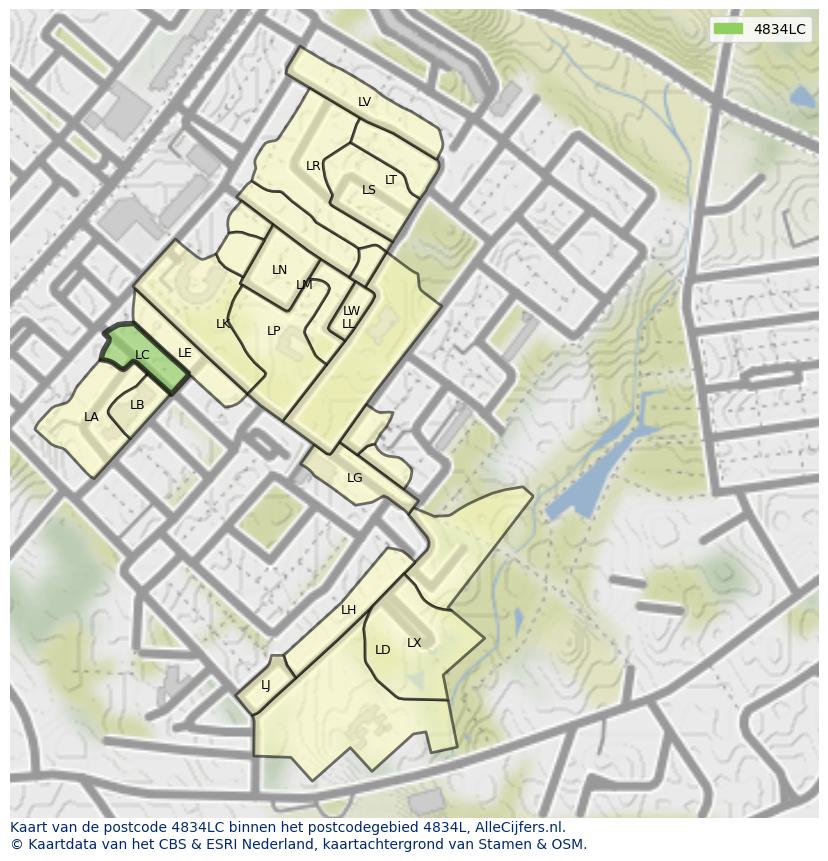 Afbeelding van het postcodegebied 4834 LC op de kaart.