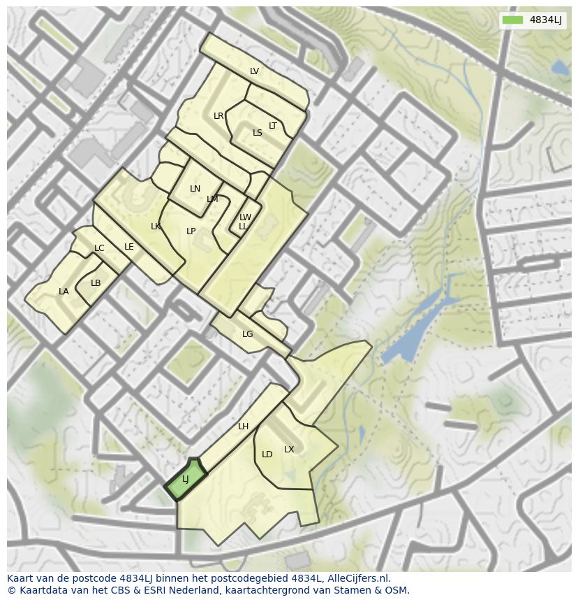 Afbeelding van het postcodegebied 4834 LJ op de kaart.