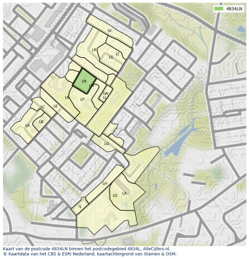 Afbeelding van het postcodegebied 4834 LN op de kaart.