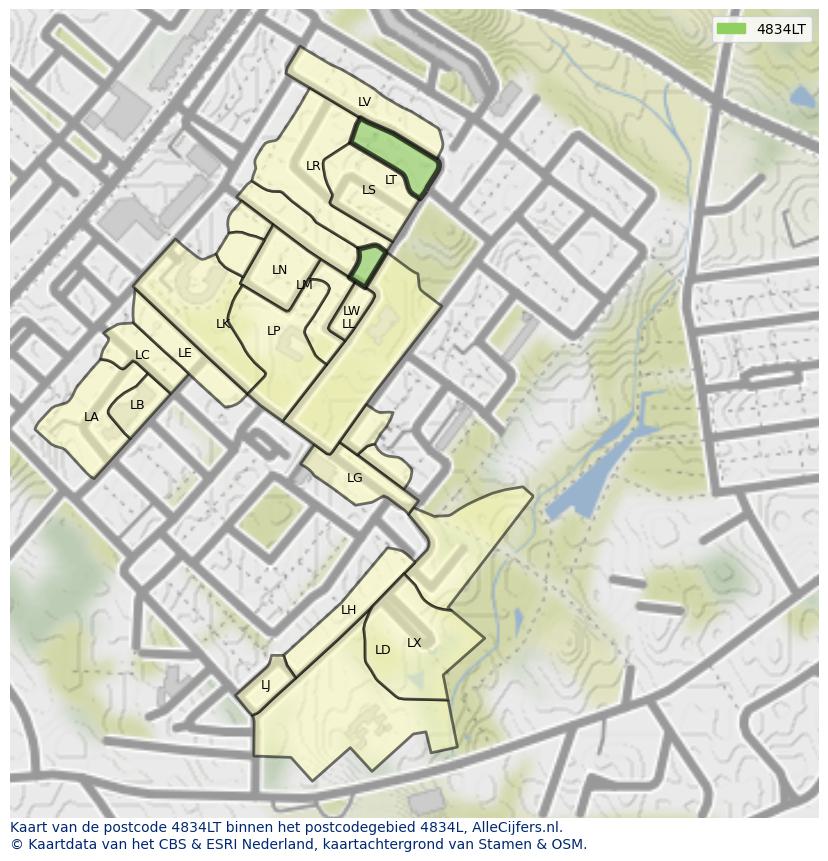 Afbeelding van het postcodegebied 4834 LT op de kaart.